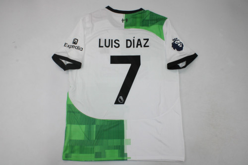with Expedia+EPL Patch Fan Version 2023-2024 Liverpool LUIS DIAZ 7 Away Football Shirt Soccer Jersey