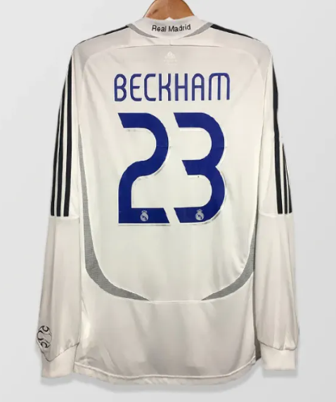 Long Sleeve Retro Jersey 2006-2007 Real Madrid BECKHAM 23 Home Soccer Jersey Vintage Real Football Shirt