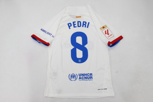 with Champions+LALIGA Patch Fan Version 2023-2024 Barcelona PEDRI 8 Away White Soccer Jersey