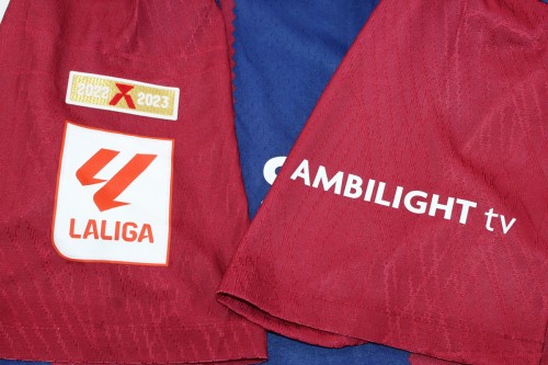 with Champions+LALIGA Patch+Sleeve Patch Fans Version 2023-2024 Barcelona Home Soccer Jersey