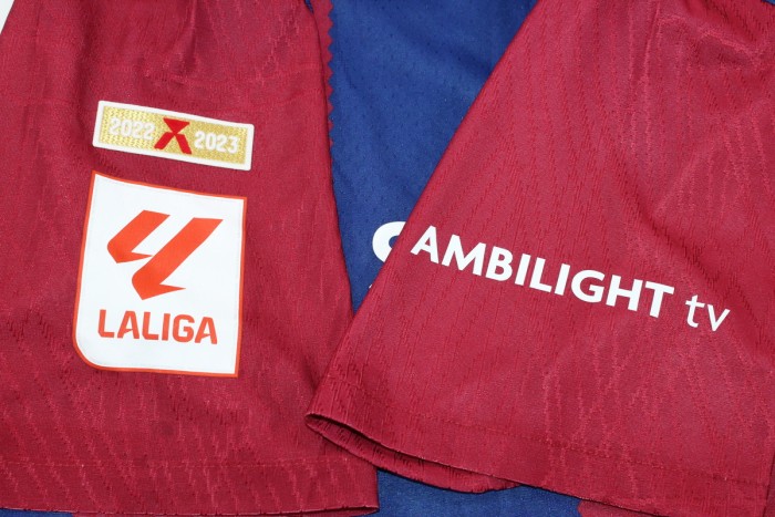 with Champions+LALIGA Patch+Sleeve Patch Fans Version 2023-2024 Barcelona Home Soccer Jersey
