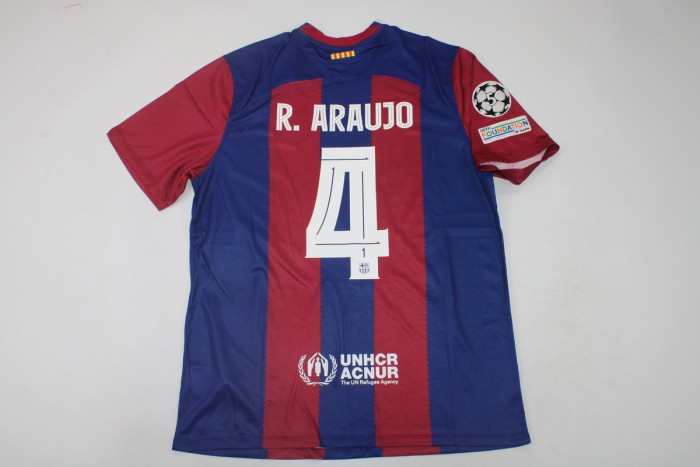 with UCL Patch Barca R. ARAUJO 4 Camisetas de Futbol Fans Version 2023-2024 Barcelona Home Soccer Jersey