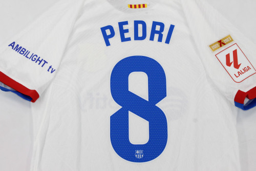 with Champions+LALIGA Patch Fan Version 2023-2024 Barcelona PEDRI 8 Away White Soccer Jersey