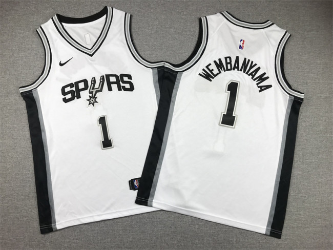 Youth San Antonio Spurs 1 WEMBANYAMA White NBA Jersey Kids Basketball Shirt