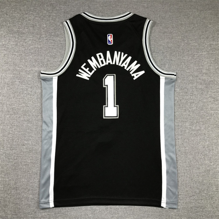 Youth San Antonio Spurs 1 WEMBANYAMA Black NBA Jersey Kids Basketball Shirt