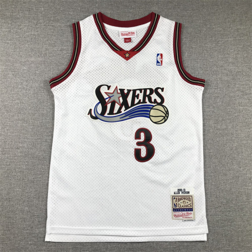 Youth Mitchell&ness 2000-01 Philadelphia 76ers Basketball Shirt 3 IVERSON White Classic Kids NBA Jersey