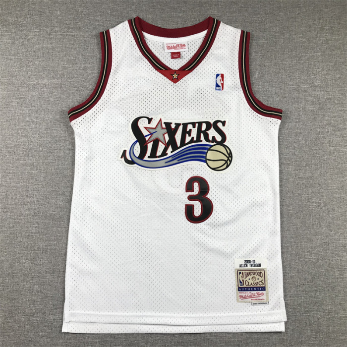 Youth Mitchell&ness 2000-01 Philadelphia 76ers Basketball Shirt 3 IVERSON White Classic Kids NBA Jersey