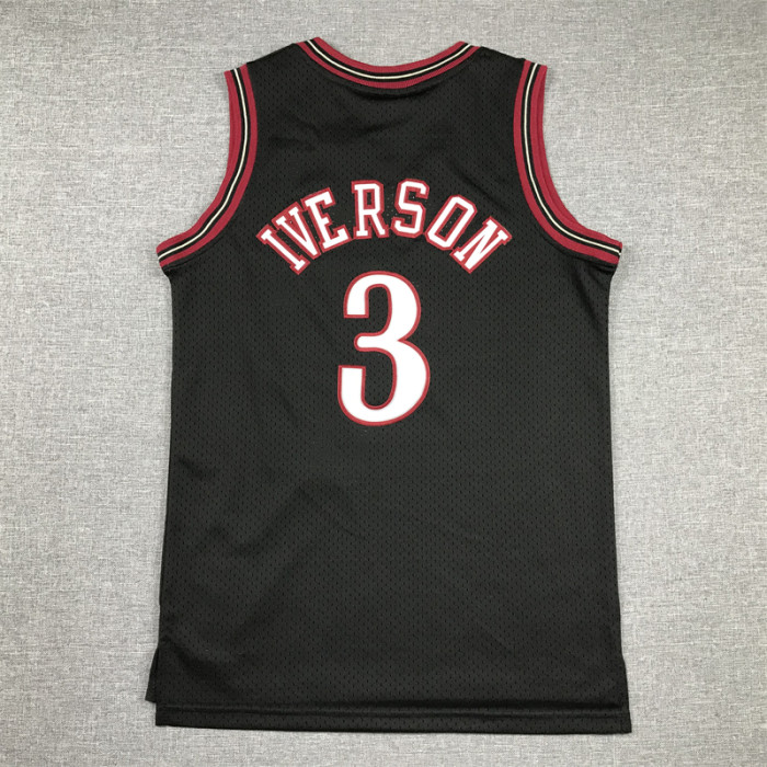 Youth Mitchell&ness 2000-01 Philadelphia 76ers Basketball Shirt 3 IVERSON Black Classic Kids NBA Jersey