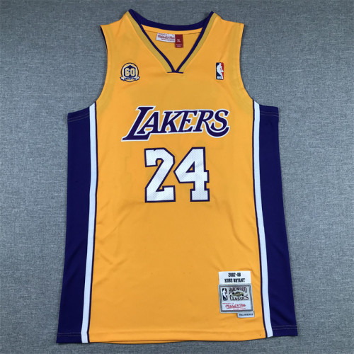 Mitchell&ness 2007-08 Los Angeles Lakers 24 Kobe Bryant 60 years Basketball Shirt V-Neck Yellow NBA Jersey