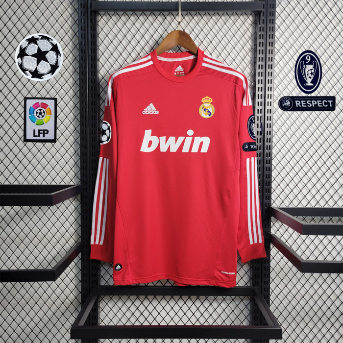 with UCL Patch Retro Jersey Long Sleeve 2011-2012 Real Madrid 7 RONALDO Third Away Red Soccer Jersey