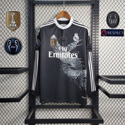 with Gold FIFA+UCL Patch Long Sleeve Retro Jersey 2014-2015 Real Madrid 7 RONALDO Third Away Black Soccer Jersey