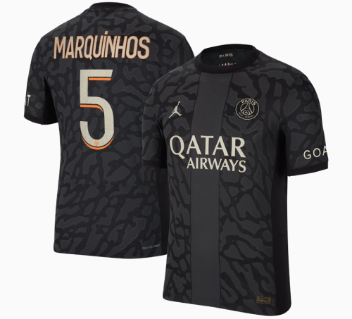 Maillot PSG Fan Version 2023-2024 Paris Saint-Germain MARQUINHOS 5 Third Away Black Soccer Jersey