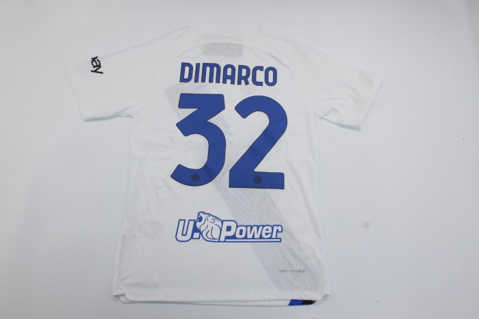 with Coppa Italia+Serie A Patch Fan Version 2023-2024 Inter Milan DIMARCO 32 Away White Soccer Jersey Inter Football Shirt
