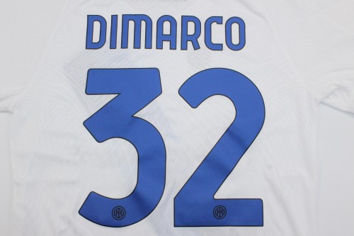 with Coppa Italia+Serie A Patch Fan Version 2023-2024 Inter Milan DIMARCO 32 Away White Soccer Jersey Inter Football Shirt