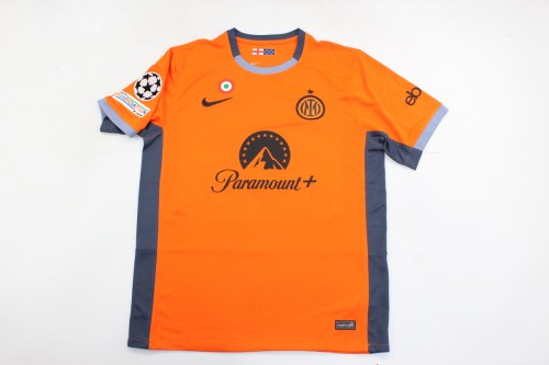 with Coppa Italia+UCL Patch Fan Version 2023-2024 Inter Milan Third Away Orange Soccer Jersey Inter Football Shirt