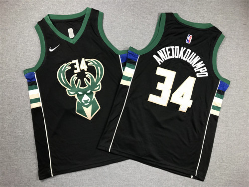 Youth Milwaukee Bucks 34 ANTETOKOUNMPO Black NBA Jersey Basketball Shirt