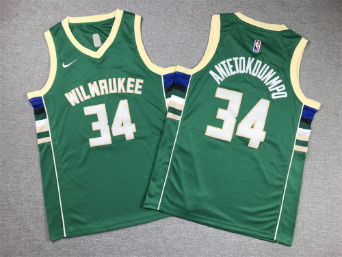 Youth Milwaukee Bucks 34 ANTETOKOUNMPO Green NBA Jersey Basketball Shirt