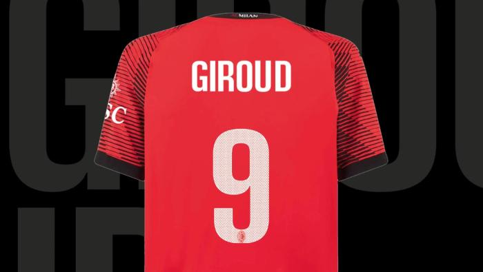 with UCL Fonts Fan Version 2023-2024 AC Milan 9 GIROUD Home Soccer Jersey AC Futbol Shirt