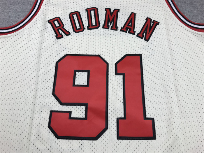 Mitchell&ness Chicago Bulls Basketball Shirt 91 DENNIS RODMAN Cream White NBA Jersey