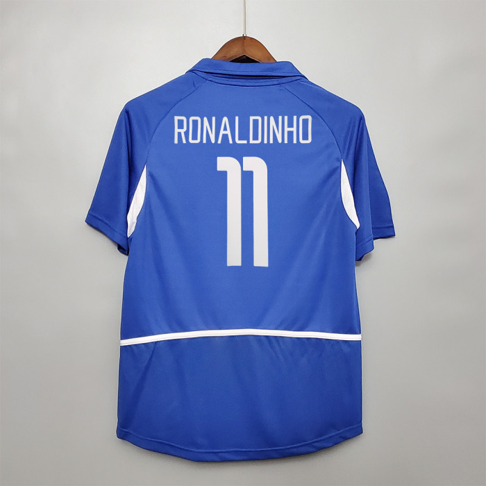Retro Jersey 2002 Brazil RONALDINHO 11 Away Blue Soccer Jersey Vintage Brasil Camisetas de Futbol