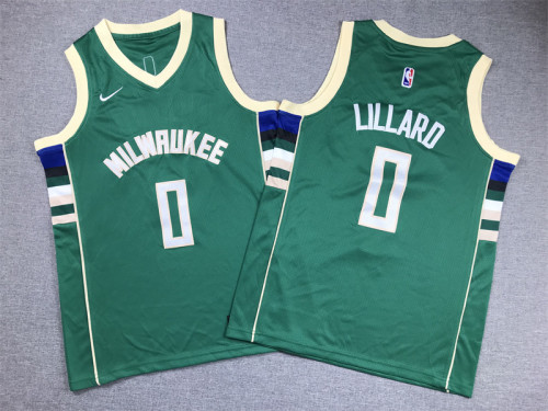 Youth Milwaukee Bucks 0 LILLARD Green NBA Shirt Child Basketball Jersey