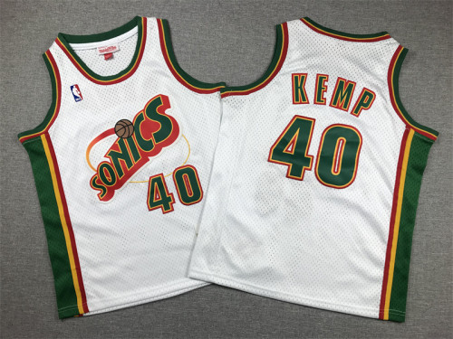 Youth Mitchell&ness 1995-96 Oklahoma City Thunder 40 KEMP White NBA Jersey Child Seattle SuperSonics Basketball Shirt