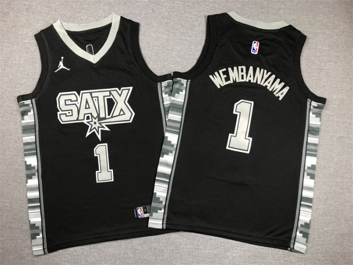 Youth 2023 Statement Edition San Antonio Spurs 1 WEMBANYAMA Black NBA Jersey Child Basketball Shirt