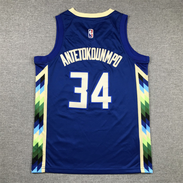 Youth 2023 City Edition Milwaukee Bucks 34 ANTETOKOUNMPO Blue NBA Shirt Child Basketball Jersey