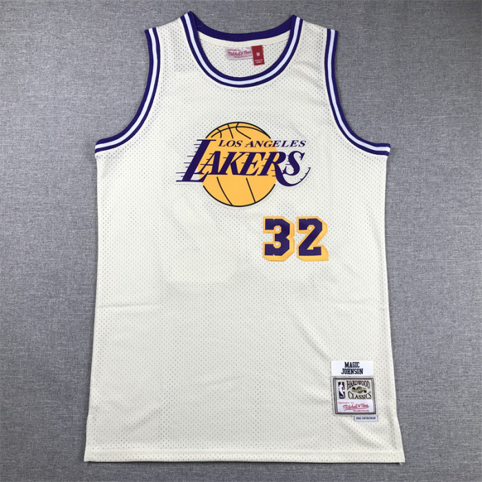 Mitchell&ness Los Angeles Lakers 32 JOHNSON Basketball Shirt Cream White NBA Jersey