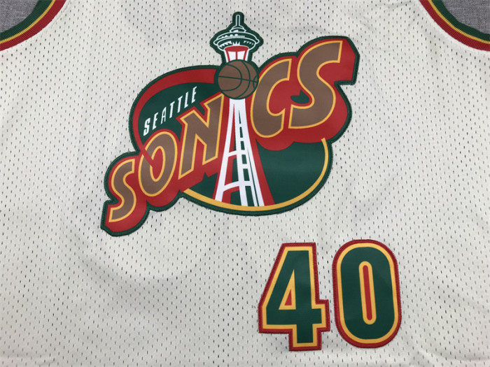 Mitchell&ness Oklahoma City Thunder 40 SHAWN KEMP Cream White NBA Jersey Seattle SuperSonics Basketball Shirt