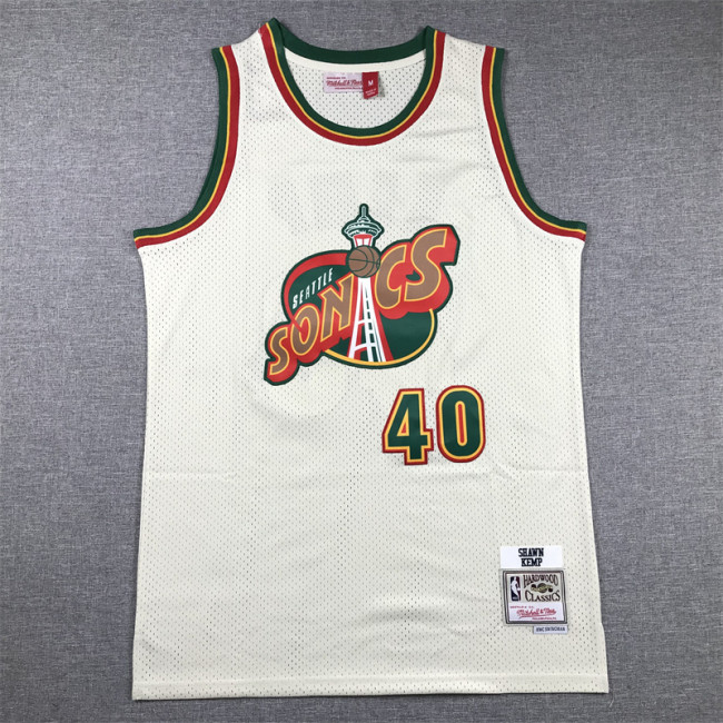 Mitchell&ness Oklahoma City Thunder 40 SHAWN KEMP Cream White NBA Jersey Seattle SuperSonics Basketball Shirt