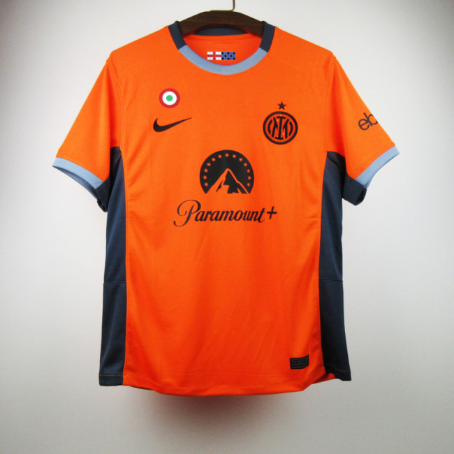 with Sponor Logo+Coppa Italia Patch Fan Version 2023-2024 Inter Milan Third Away Orange Soccer Jersey Inter Football Shirt