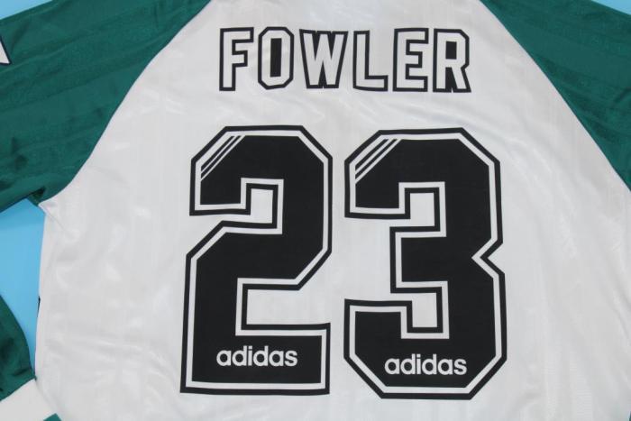 with EPL Patch Retro Jersey Long Sleeve 1993-1995 Liverpool FOWLER 23 Away White/Green Soccer Jersey