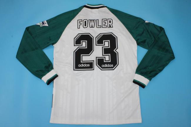 with EPL Patch Retro Jersey Long Sleeve 1993-1995 Liverpool FOWLER 23 Away White/Green Soccer Jersey