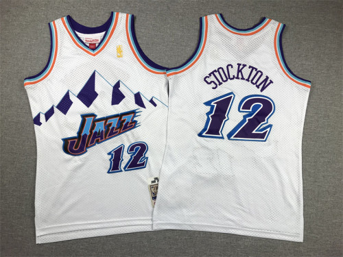 Youth Mitchell&ness 1996-97 Utah Jazz 12 STOCKTON White NBA Jersey Child Seattle SuperSonics Basketball Shirt