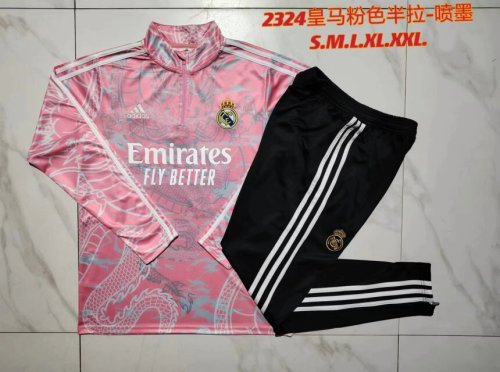 2023-2024 Real Madrid 1/4 Zipper Pink Soccer Training Sweater and Pants Football Kit