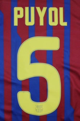 with Golden FIFA+LFP Patch Long Sleeve Retro Jersey 2011-2012 Barcelona PUYOL 5 Home Vintage Soccer Jersey
