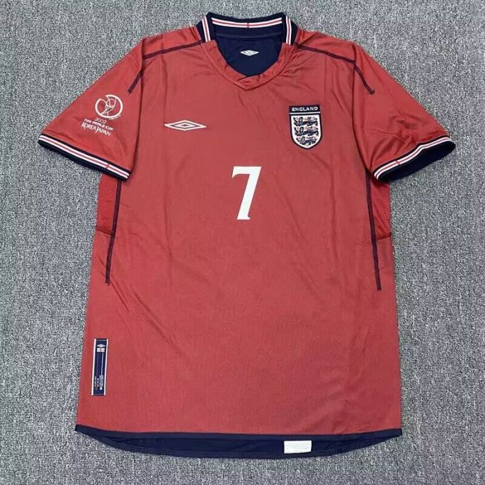 with World Cup Patch Retro Jersey 2002 England BECKHAM 7 Away Red Soccer Jersey Vintage Football Shirt