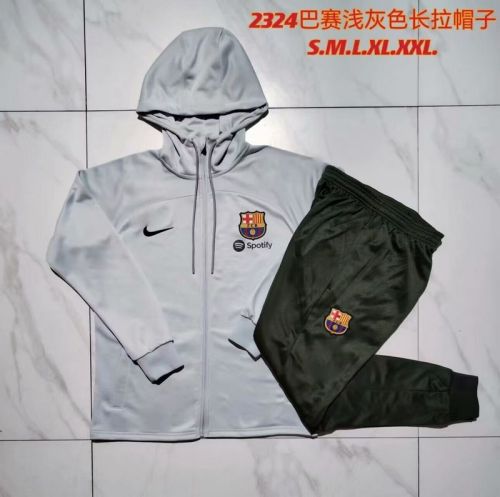 2023-2024 Barcelona Grey Soccer Tracksuit Jacket with Hat and Pants Football Hoodie and Pants