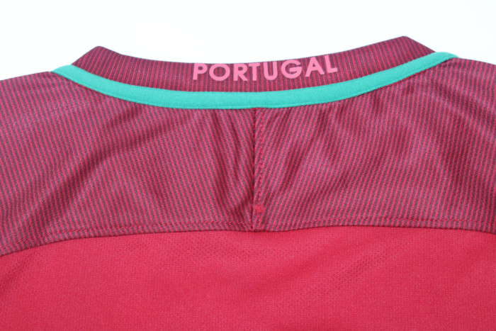with Front Lettering+Euro Patch Long Sleeve Retro Jersey 2016 Portugal Home Vintage Soccer Jersey