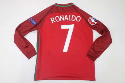 with Front Lettering+Euro Patch Long Sleeve Retro Jersey 2016 Portugal RONALDO 7 Home Vintage Soccer Jersey