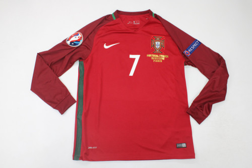 with Front Lettering+Euro Patch Long Sleeve Retro Jersey 2016 Portugal Home Vintage Soccer Jersey