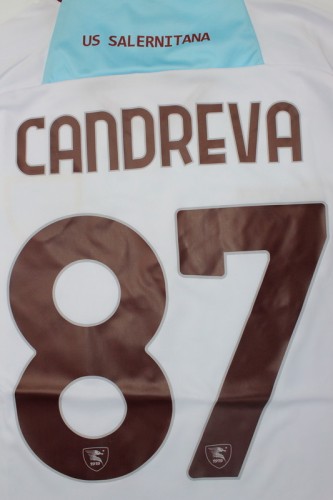 with Serie A Patch Fan Version 2023-2024 US Salernitana 1919 CANDREVA 87 Away White Soccer Jersey