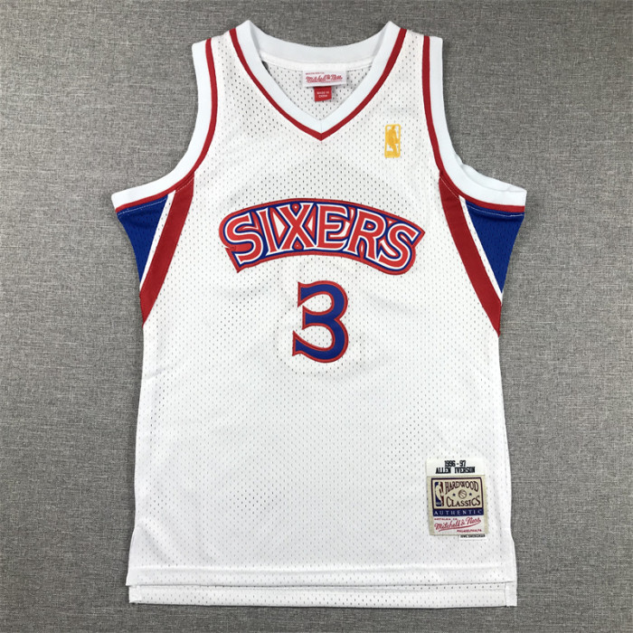 Youth/Kids Mitchell&ness 1996-97 Philadelphia 76ers Basketball Shirt 3 ALLEN IVERSON White NBA Jersey