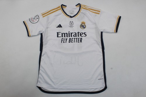 with Front Lettering+Supercopa Patch 2023-2024 Fan Version Real Madrid CAMPEONES 13 Supercopa Final Home Soccer Jersey