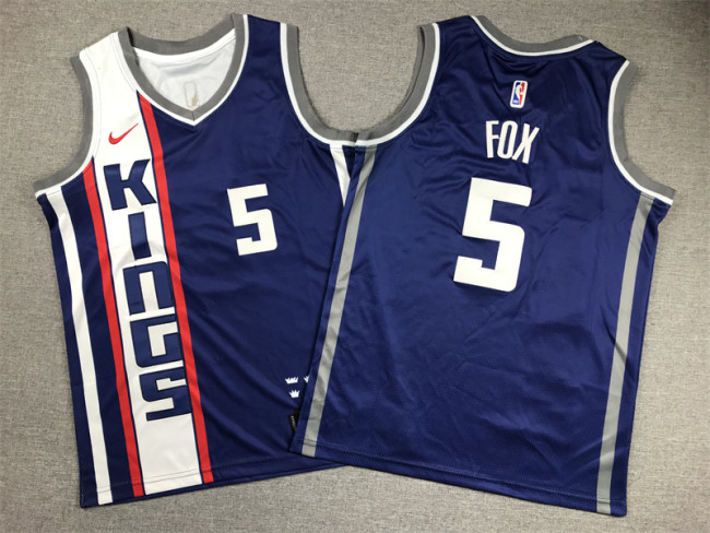 Youth Kids 2024 City Edition Sacramento Kings 5 FOX Blue NBA Jersey Child Basketball Shirt