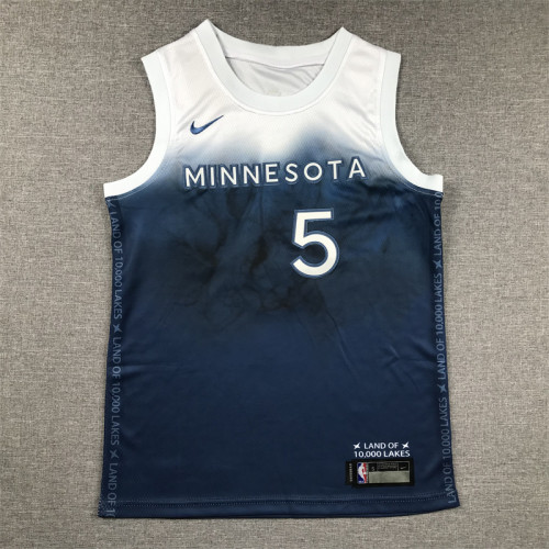 Youth Kids 2024 City Edition Minnesota Timberwolves 5 EDWARDS Blue NBA Jersey Child Basketball Shirt