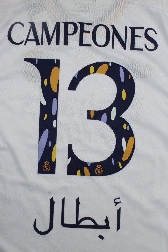 with Front Lettering+Supercopa Patch 2023-2024 Fan Version Real Madrid CAMPEONES 13 Supercopa Final Home Soccer Jersey