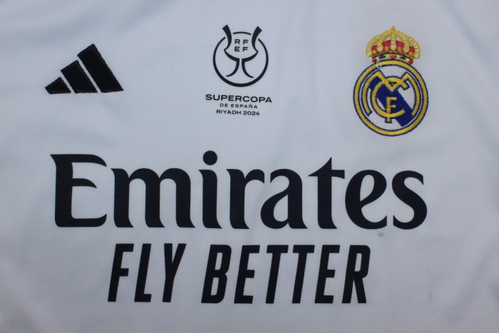 with Front Lettering+Supercopa Patch 2023-2024 Fan Version Real Madrid CAMPEONES 13 Supercopa Final Home Soccer Jersey