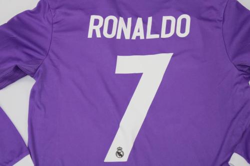 with Front Lettering+Front Patch+UCL Patch Long Sleeve Retro Jersey 2016-2017 Real Madrid RONALDO 7 Away Purple UCL Final Soccer Jersey